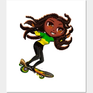 Jamaican jumper women skateboarding girl manga anime girl Jamaican girl on skateboard wearing jumper with colours of Jamaican flag black green and yellow women Posters and Art